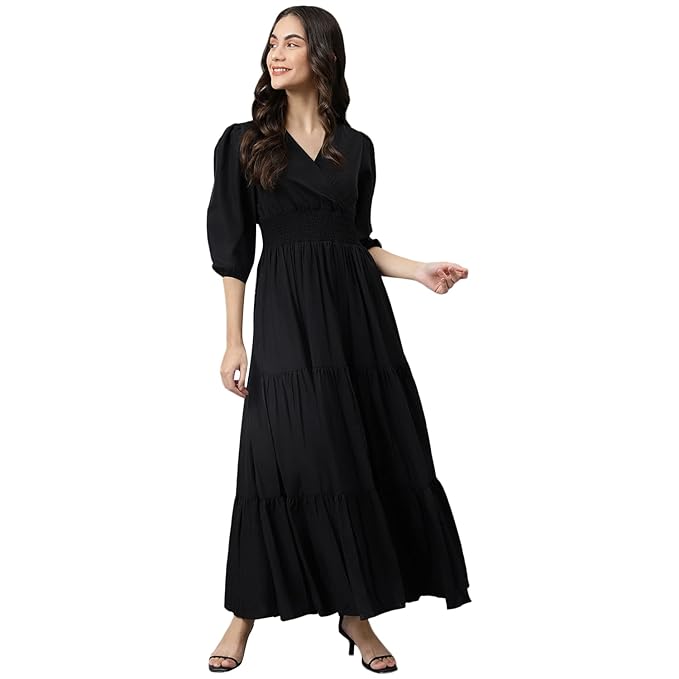 Women's Fit & Flare Maxi Dress | V-Neck | Full Length Long Dresses for Women | A-Line Dress | Stylish for Ladies | Beach Dress for Women
