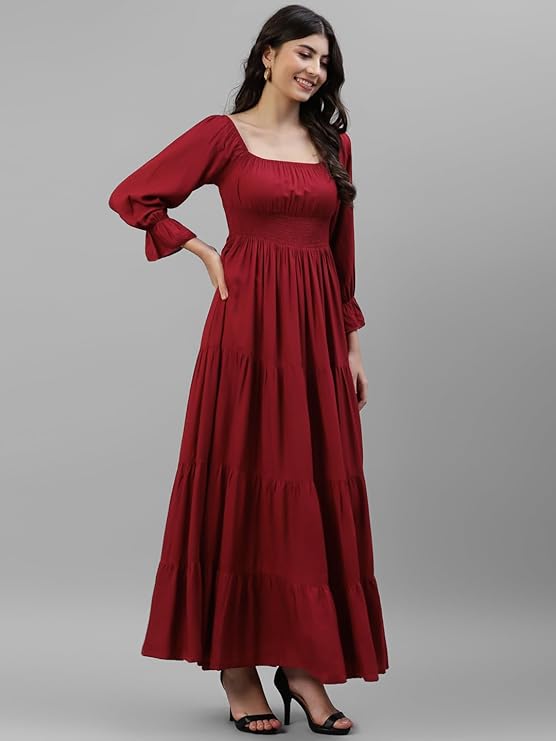 Women's Solid Rayon A-Line Maxi Dress for Woman Festive Fancy | Casual Trending Stylish Long One Piece Dresses Women Western