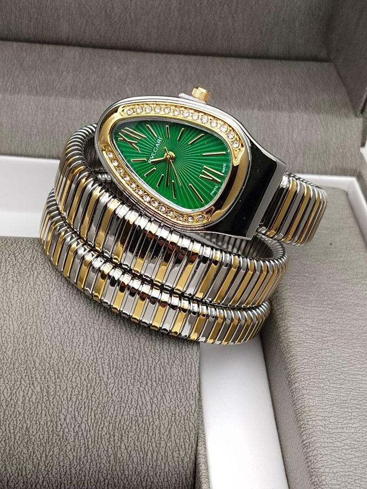 Dual Golden Women Spiral Watch (Green Dial)