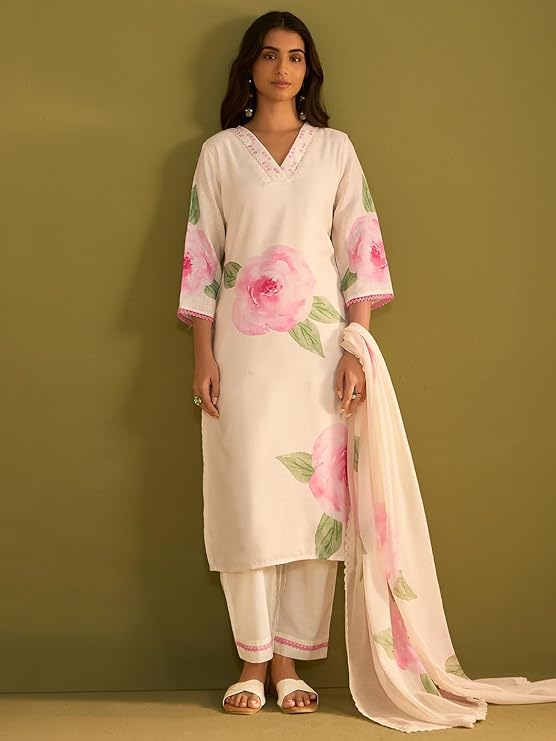 Women's Straight Linen Floral Print with Sequines Work Kurta Pant with Dupatta Set