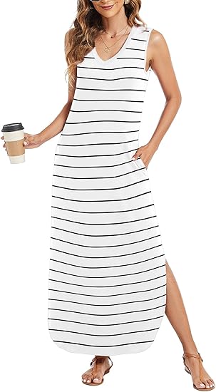 Maxi Dress for Women Tropical Summer V Neck Sleeveless Split Long Beach Dresses Casual Loose Sundress with Pockets