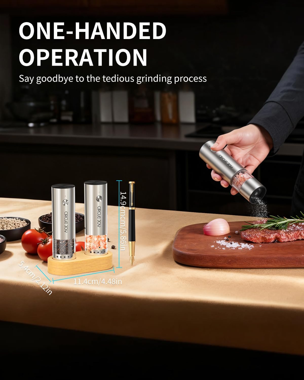 Mini Rechargeable Salt and Pepper Grinder Set with Wooden Base, Dust Cover and External Adjustment, Stainless Steel Electric Pepper Mill Grinders for Kitchen, Outdoors and Travel