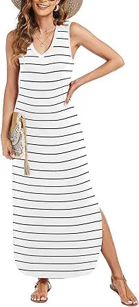 Maxi Dress for Women Tropical Summer V Neck Sleeveless Split Long Beach Dresses Casual Loose Sundress with Pockets