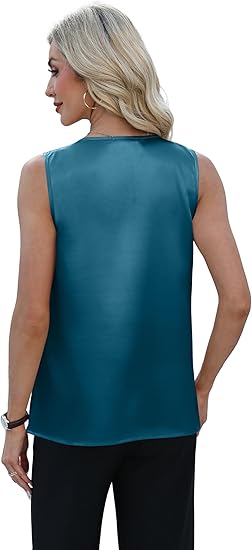 Womens Tank Tops V Neck Silk Satin Camisole Pleated Sleeveless Blouses Dressy Casual Business Summer Basic Tank Shirt