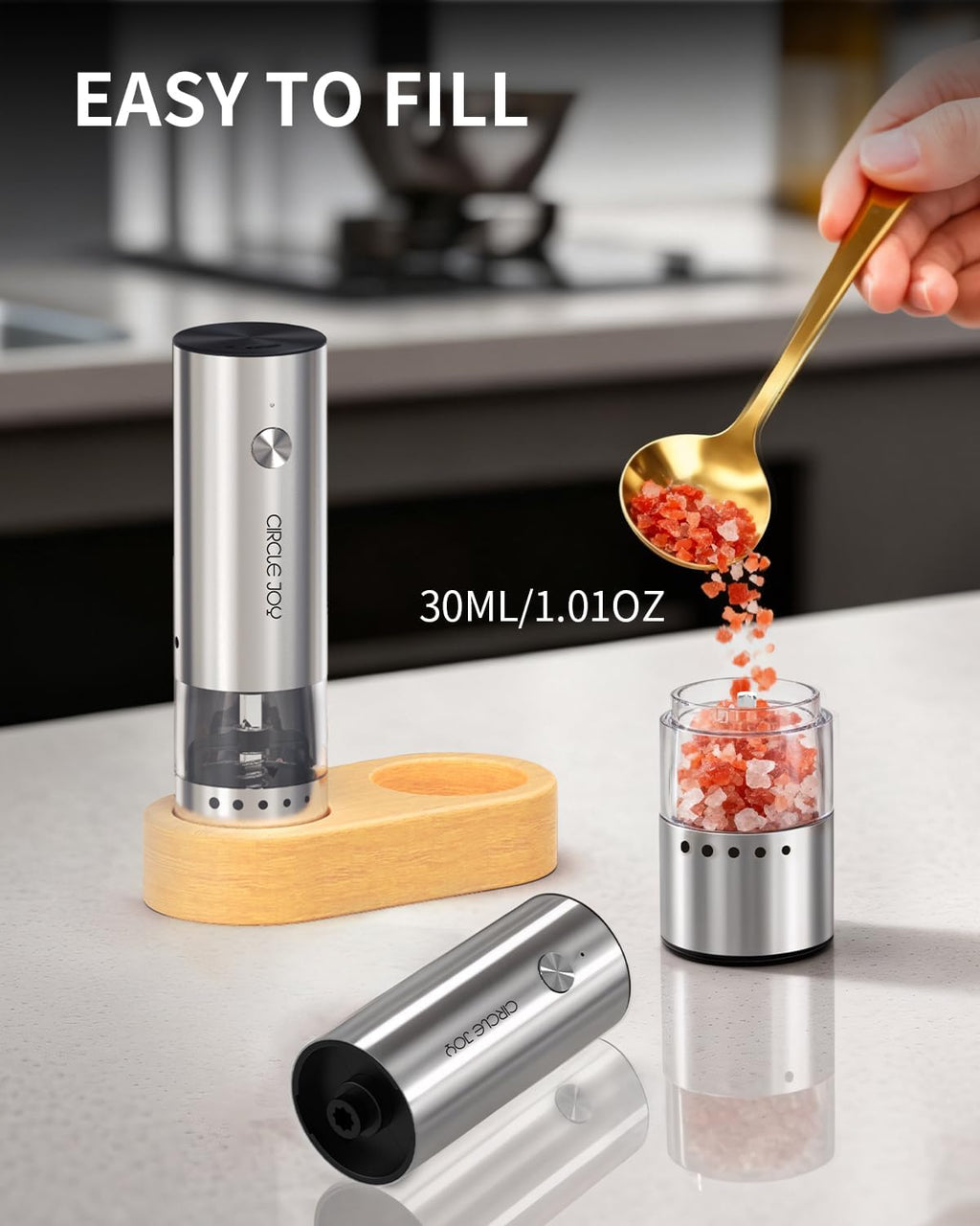 Mini Rechargeable Salt and Pepper Grinder Set with Wooden Base, Dust Cover and External Adjustment, Stainless Steel Electric Pepper Mill Grinders for Kitchen, Outdoors and Travel