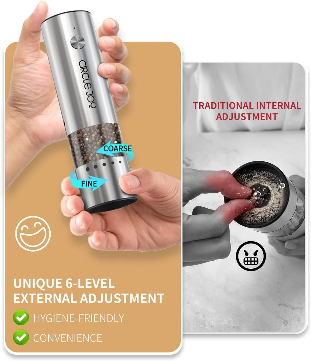 Mini Rechargeable Salt and Pepper Grinder Set with Wooden Base, Dust Cover and External Adjustment, Stainless Steel Electric Pepper Mill Grinders for Kitchen, Outdoors and Travel