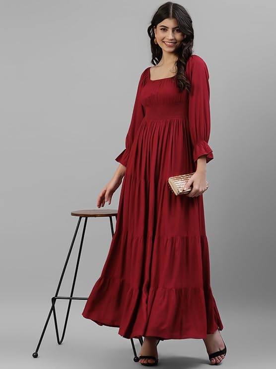 Women's Solid Rayon A-Line Maxi Dress for Woman Festive Fancy | Casual Trending Stylish Long One Piece Dresses Women Western