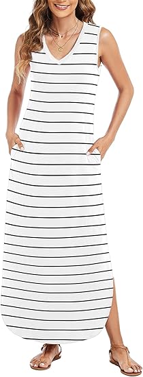 Maxi Dress for Women Tropical Summer V Neck Sleeveless Split Long Beach Dresses Casual Loose Sundress with Pockets