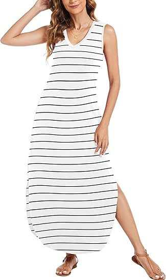 Maxi Dress for Women Tropical Summer V Neck Sleeveless Split Long Beach Dresses Casual Loose Sundress with Pockets