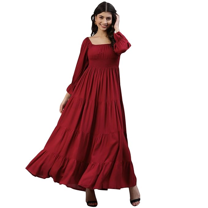 Women's Solid Rayon A-Line Maxi Dress for Woman Festive Fancy | Casual Trending Stylish Long One Piece Dresses Women Western