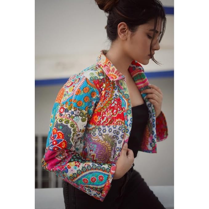 Women's Pink Variant Floral Printed Cotton Stylish One Piece Party Casual Wear Flowers Galore Reversible Quilted Jacket
