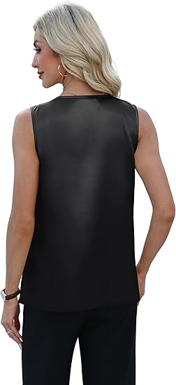 Womens Tank Tops V Neck Silk Satin Camisole Pleated Sleeveless Blouses Dressy Casual Business Summer Basic Tank Shirt