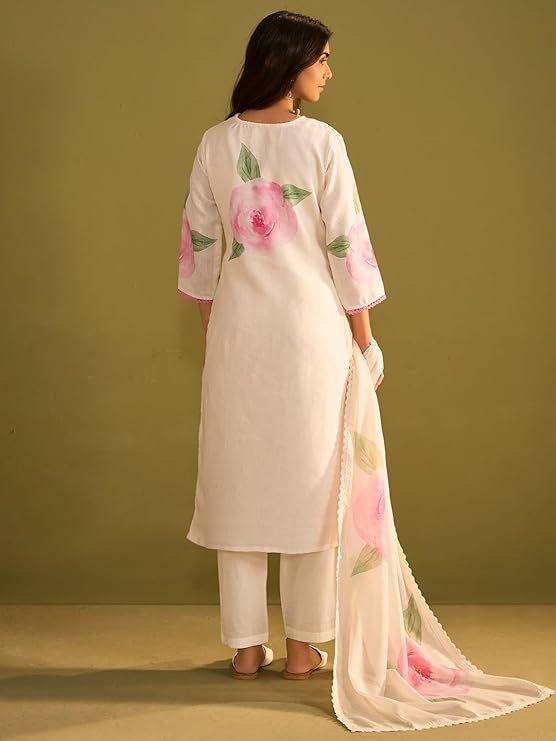 Women's Straight Linen Floral Print with Sequines Work Kurta Pant with Dupatta Set