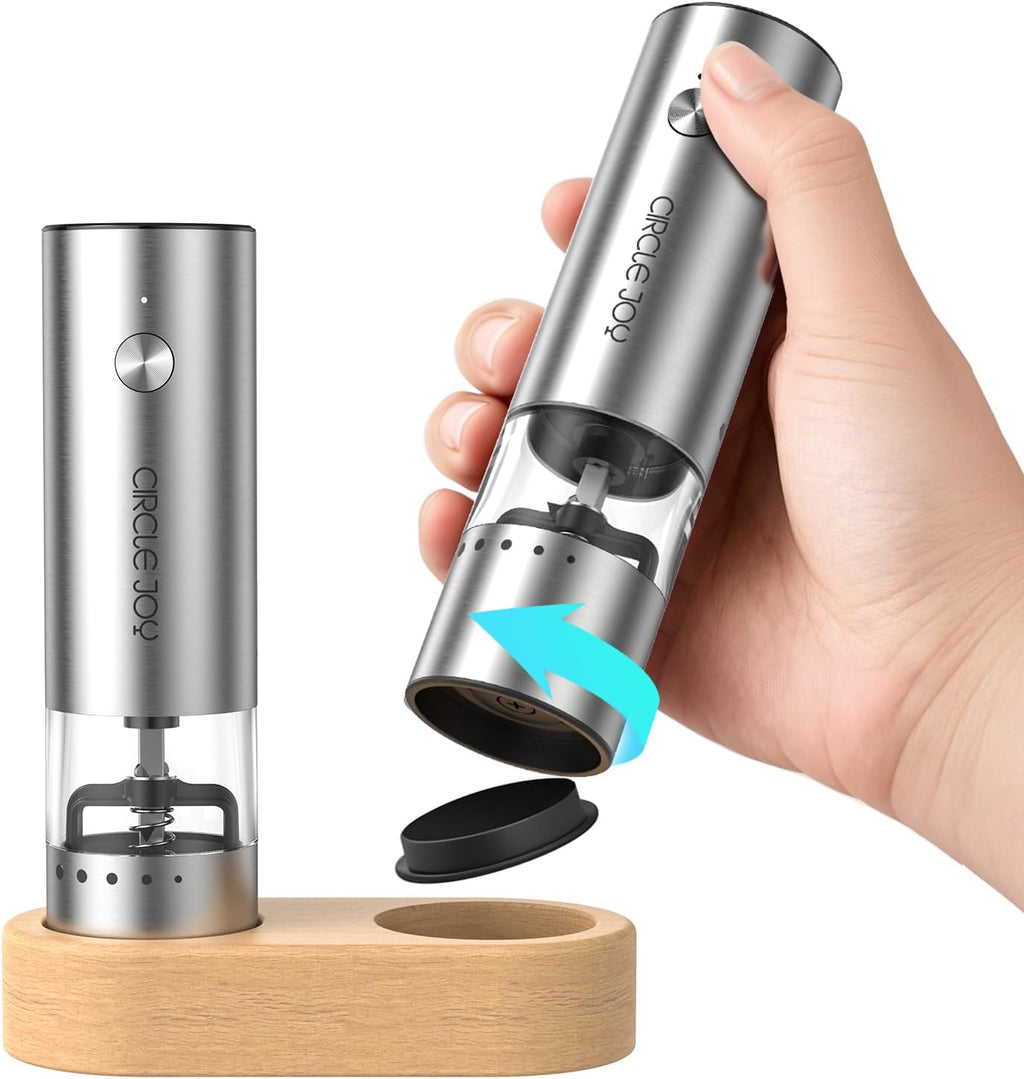 Mini Rechargeable Salt and Pepper Grinder Set with Wooden Base, Dust Cover and External Adjustment, Stainless Steel Electric Pepper Mill Grinders for Kitchen, Outdoors and Travel