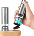 Mini Rechargeable Salt and Pepper Grinder Set with Wooden Base, Dust Cover and External Adjustment, Stainless Steel Electric Pepper Mill Grinders for Kitchen, Outdoors and Travel