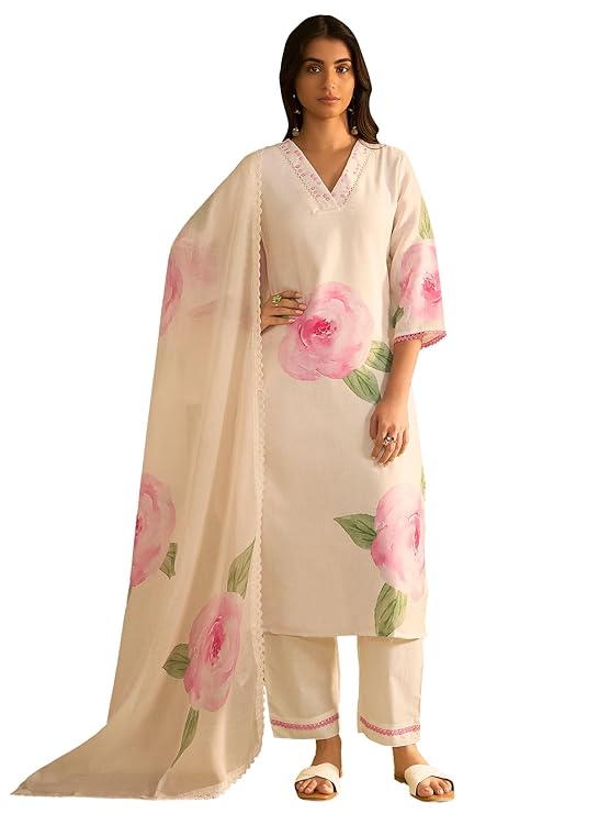 Women's Straight Linen Floral Print with Sequines Work Kurta Pant with Dupatta Set
