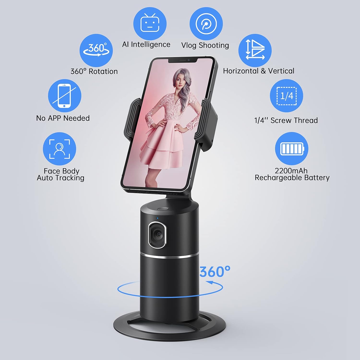 Auto Face Tracking Phone Holder, No App Required, 360° Rotation Face Body Phone Tracking Tripod Smart Shooting Camera Mount for Live Vlog Streaming Video, Rechargeable Battery