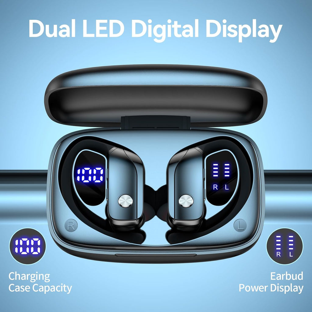 Ear Buds Wireless Earbuds Bluetooth Headphones with 80H Playtime LED Display Case, Over-Ear Hook with Mic, Stereo Sound, Easy Button Controls, Sports Earphones for Running Workout Gym Black