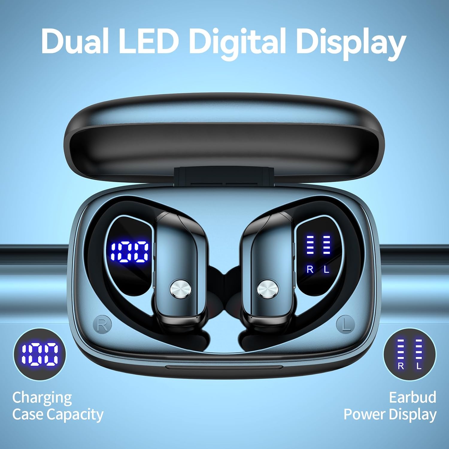 Ear Buds Wireless Earbuds Bluetooth Headphones with 80H Playtime LED Display Case, Over-Ear Hook with Mic, Stereo Sound, Easy Button Controls, Sports Earphones for Running Workout Gym Black