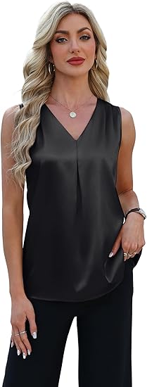 Womens Tank Tops V Neck Silk Satin Camisole Pleated Sleeveless Blouses Dressy Casual Business Summer Basic Tank Shirt