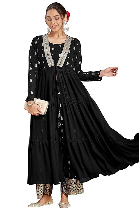 Women's Georgette Embellished Gold Printed Front-open Tiered Kurta Pant Set