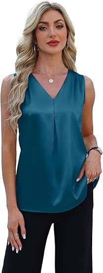 Womens Tank Tops V Neck Silk Satin Camisole Pleated Sleeveless Blouses Dressy Casual Business Summer Basic Tank Shirt