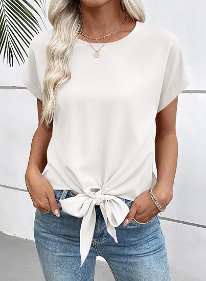 Womens Bow Knot Hem Short Sleeve Blouses Dressy Casual Summer Crewneck T Shirts Going Out Tops