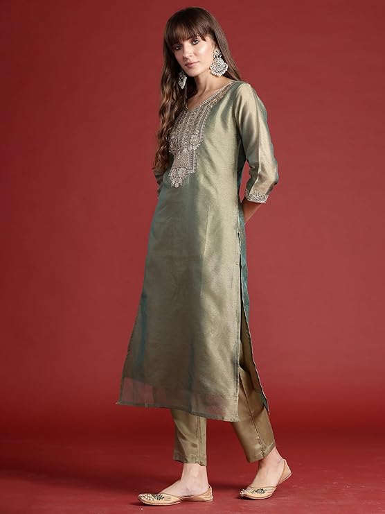 Womens Silk Blend Liva Embroidered Straight Kurta Pant Dupatta Set