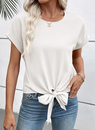 Womens Bow Knot Hem Short Sleeve Blouses Dressy Casual Summer Crewneck T Shirts Going Out Tops