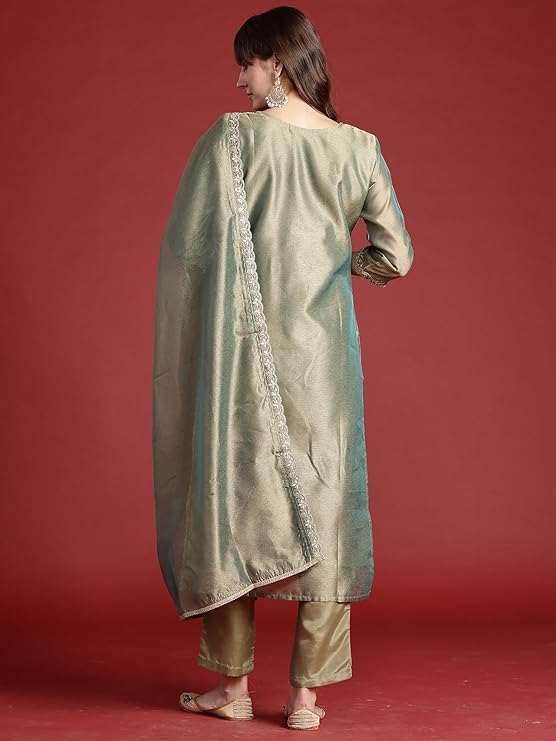 Womens Silk Blend Liva Embroidered Straight Kurta Pant Dupatta Set