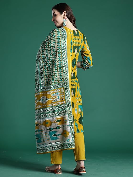 Women's Straight Pure Cotton Geometric Printed Kurta & Pant with Dupatta Set