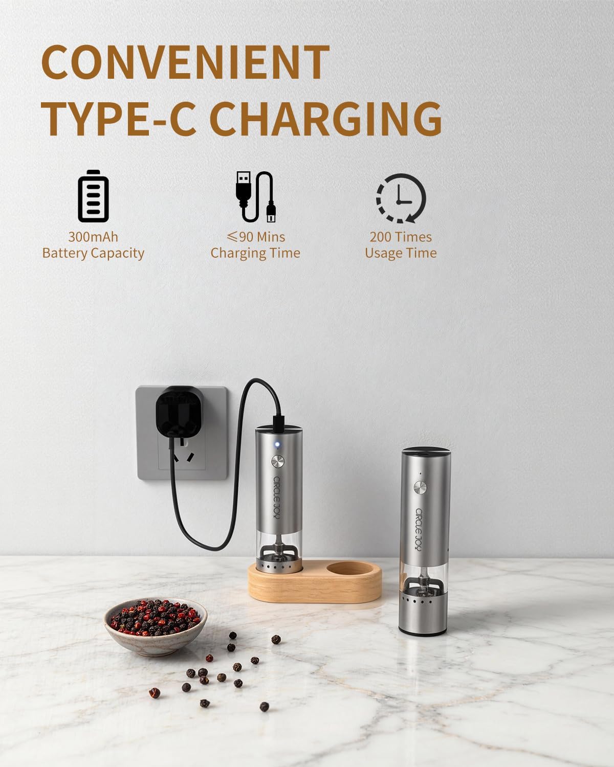 Mini Rechargeable Salt and Pepper Grinder Set with Wooden Base, Dust Cover and External Adjustment, Stainless Steel Electric Pepper Mill Grinders for Kitchen, Outdoors and Travel