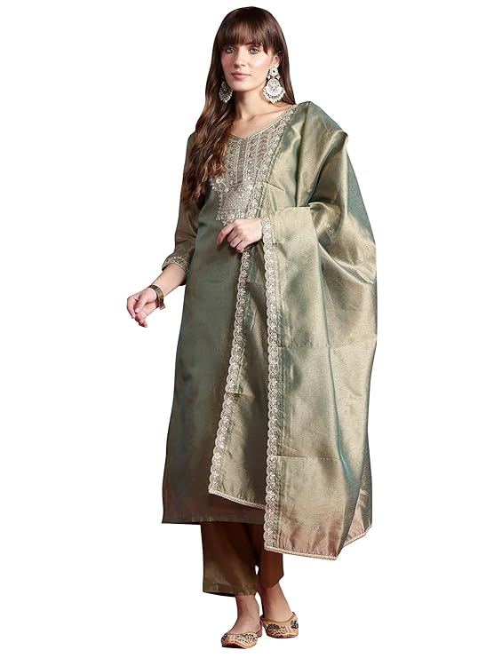 Womens Silk Blend Liva Embroidered Straight Kurta Pant Dupatta Set