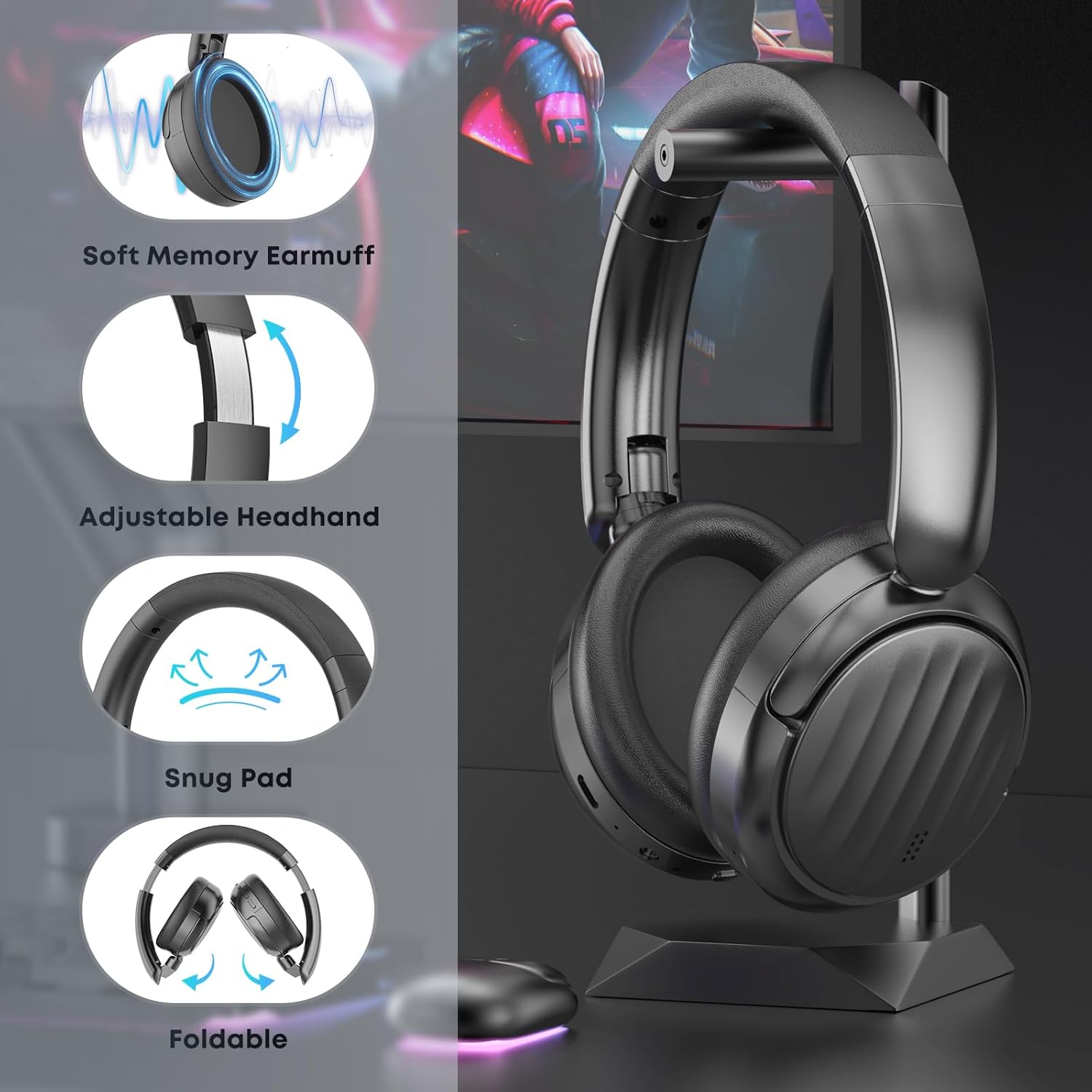 Bluetooth Headphones with Active Noise Cancelling (ANC), Wireless Over Ear Bluetooth Headsets with 35H Playtime, HiFi Stereo Foldable Headphones with Foam Ear Cups for Sports, Travel