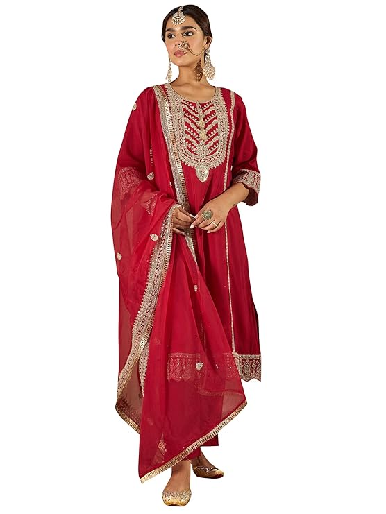 Womens Silk Blend Embroidered A-Line Kurta Pant Dupatta Set