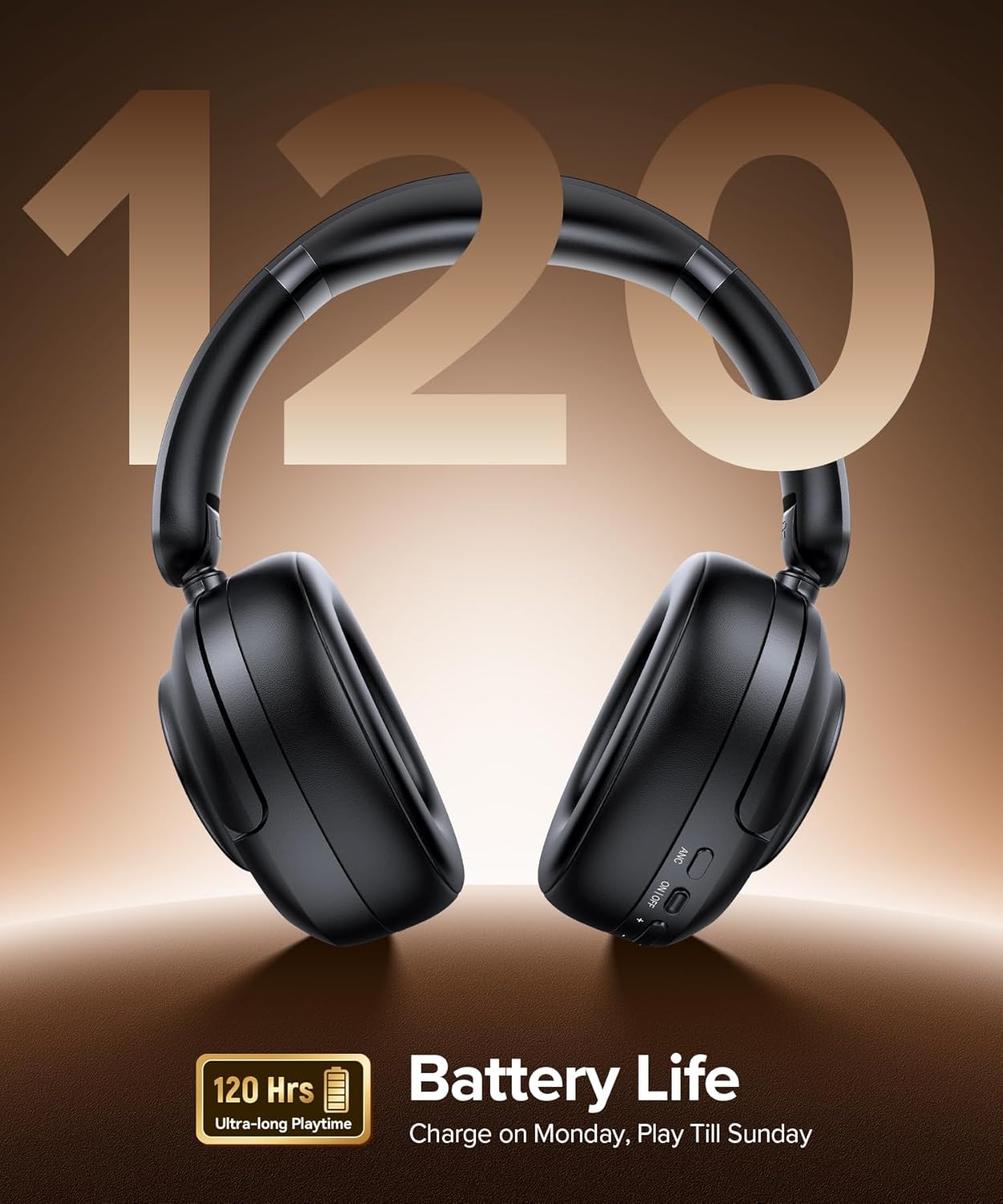 Active Noise Cancelling Headphones,120H Playtime Bluetooth 6.0 Over Ear Headphones with Hi-Res Audio & 5-Mic ENC Calls, 360° Surround Sound Wireless Headphones Foldable Headset for Travel Office Game