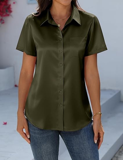 Satin Blouses for Women Silk Button Down Shirts Short Sleeve Business Casual Top