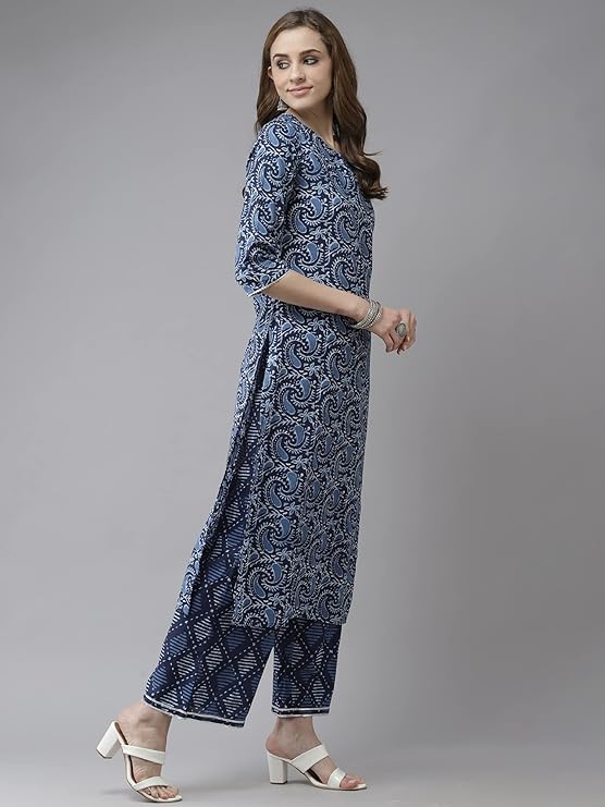 Women's Cotton Blend Printed Straight Kurta Palazzo With Dupatta Set