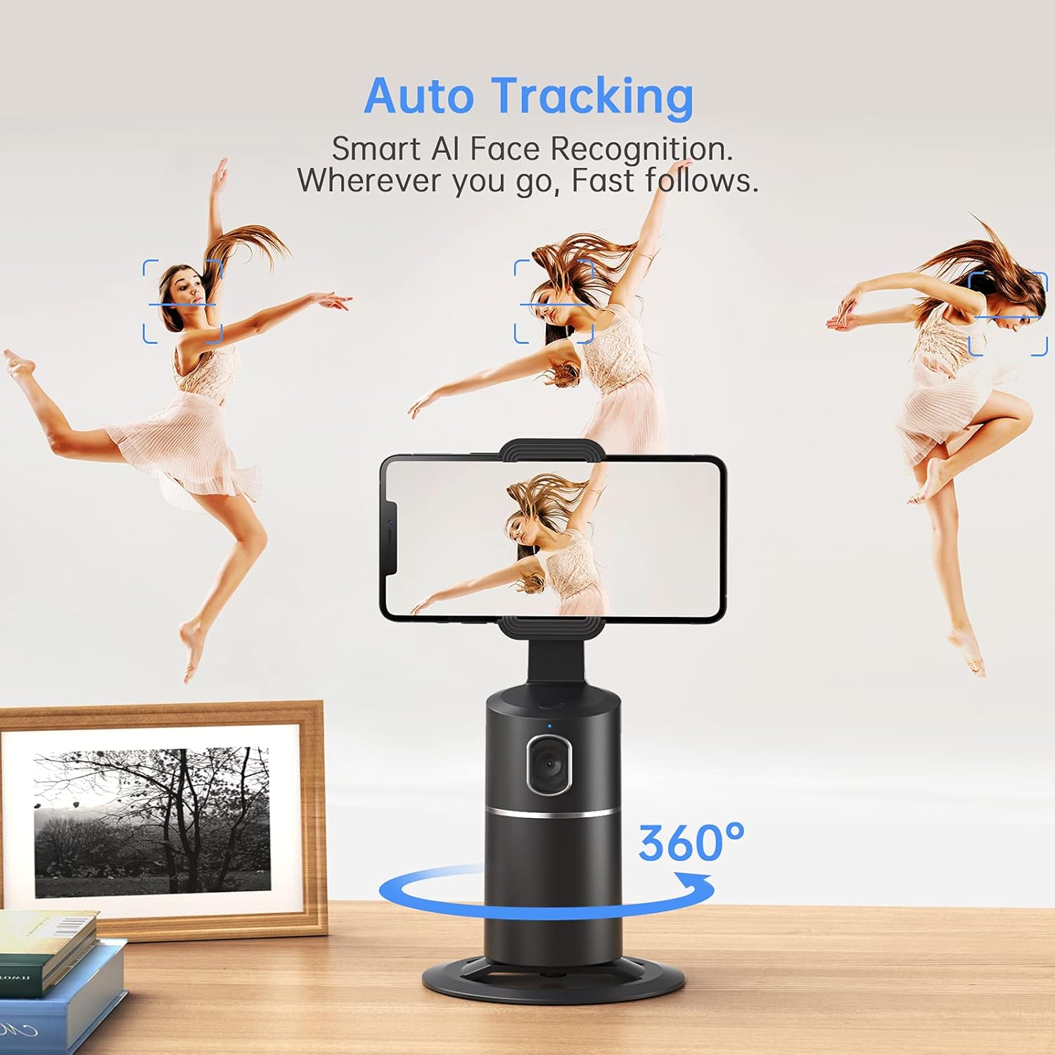 Auto Face Tracking Phone Holder, No App Required, 360° Rotation Face Body Phone Tracking Tripod Smart Shooting Camera Mount for Live Vlog Streaming Video, Rechargeable Battery