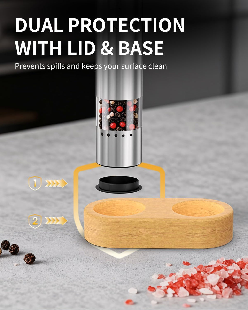 Mini Rechargeable Salt and Pepper Grinder Set with Wooden Base, Dust Cover and External Adjustment, Stainless Steel Electric Pepper Mill Grinders for Kitchen, Outdoors and Travel