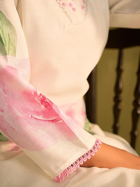 Women's Straight Linen Floral Print with Sequines Work Kurta Pant with Dupatta Set