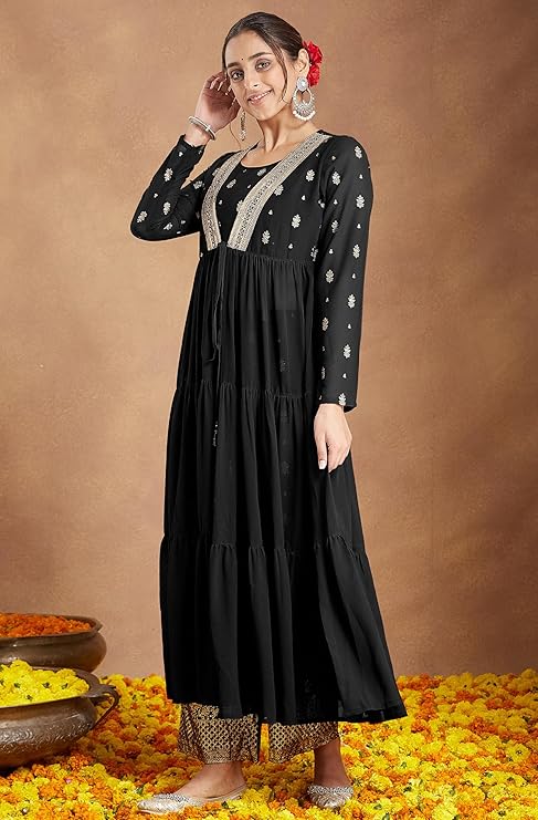 Women's Georgette Embellished Gold Printed Front-open Tiered Kurta Pant Set