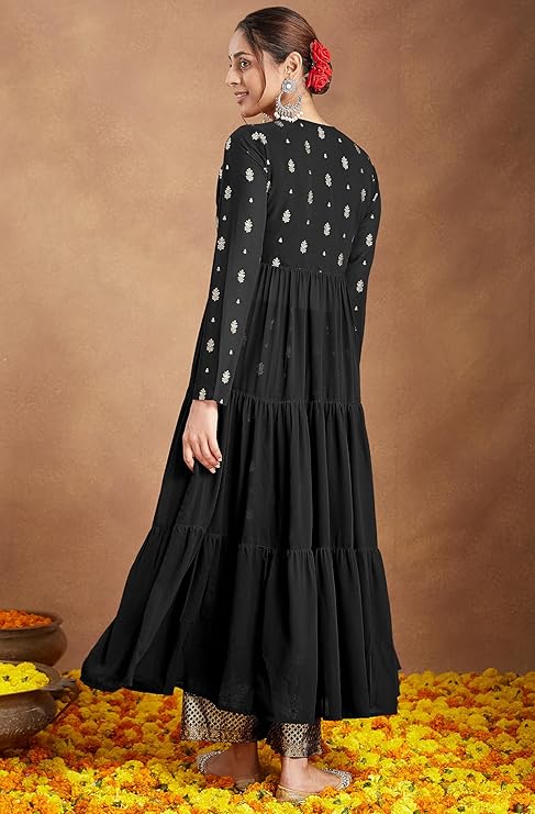 Women's Georgette Embellished Gold Printed Front-open Tiered Kurta Pant Set