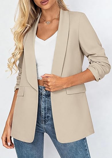 Women's 2026 Spring Blazers Business Casual Outfits Open Front Ruched 3/4 Sleeve Lightweight Work Suits Jacket