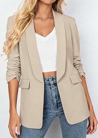 Women's 2026 Spring Blazers Business Casual Outfits Open Front Ruched 3/4 Sleeve Lightweight Work Suits Jacket