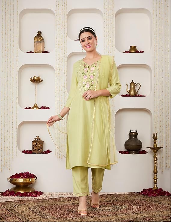 Women's Embroidered Kurta Pant Set with Dupatta