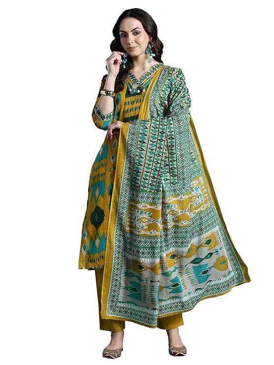 Women's Straight Pure Cotton Geometric Printed Kurta & Pant with Dupatta Set