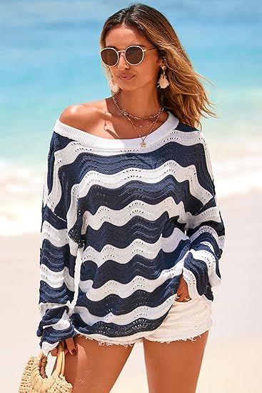 Women's Linen Blend Crochet Bell Sleeve Beach Vacation Striped Tops 2026