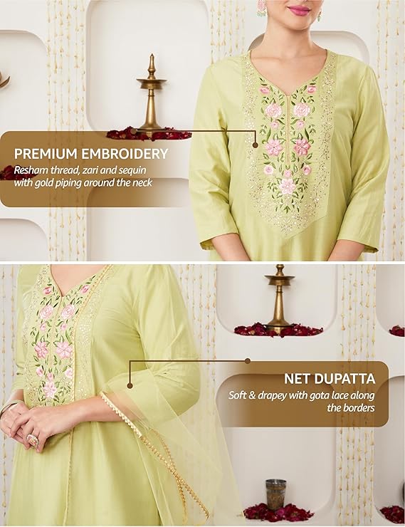 Women's Embroidered Kurta Pant Set with Dupatta