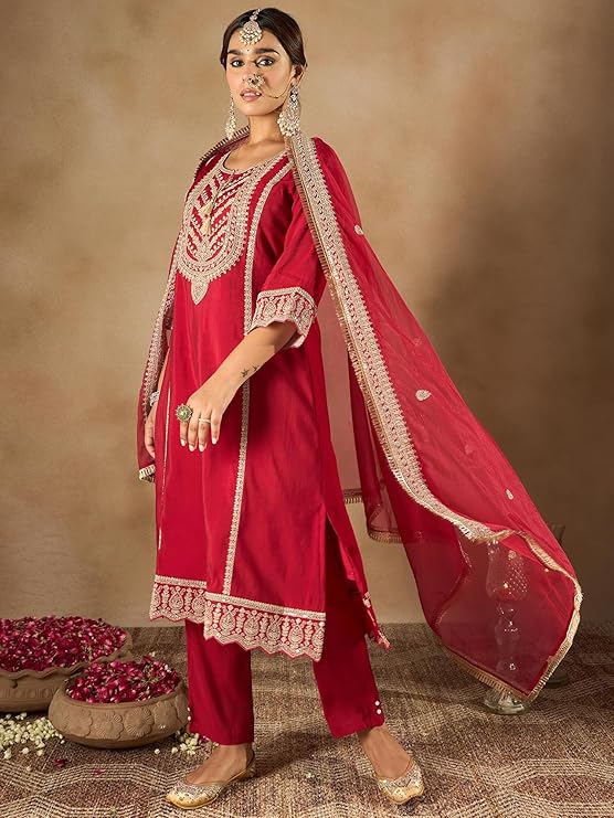 Womens Silk Blend Embroidered A-Line Kurta Pant Dupatta Set